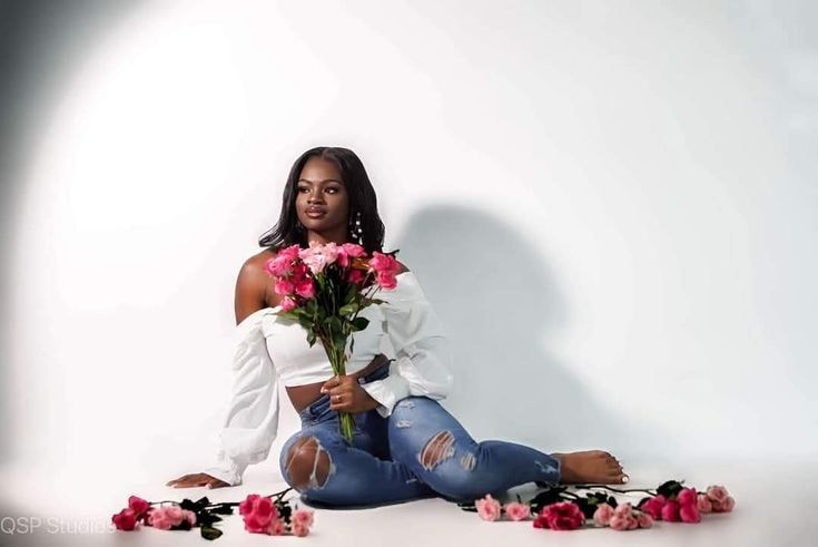 Kennedy birthday — white top, pink roses, studio portrait
