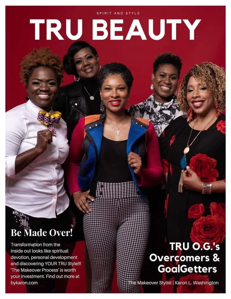 TRU Beauty magazine cover — five women styled in editorial looks, red background