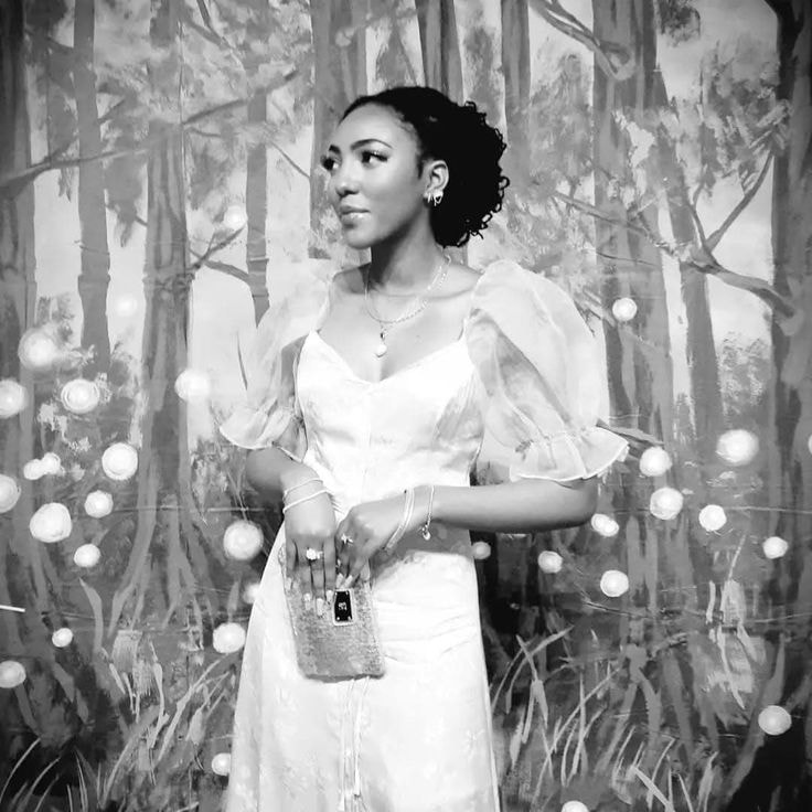 Zaria — B&W, white organza dress, painted forest backdrop