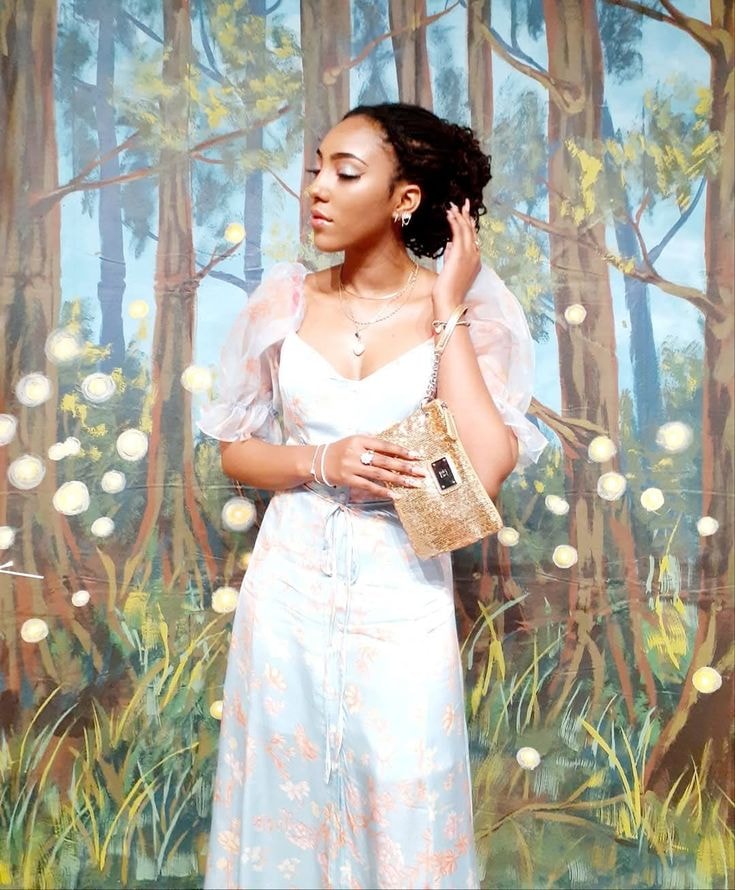 Zaria — floral midi dress, color, painted forest backdrop